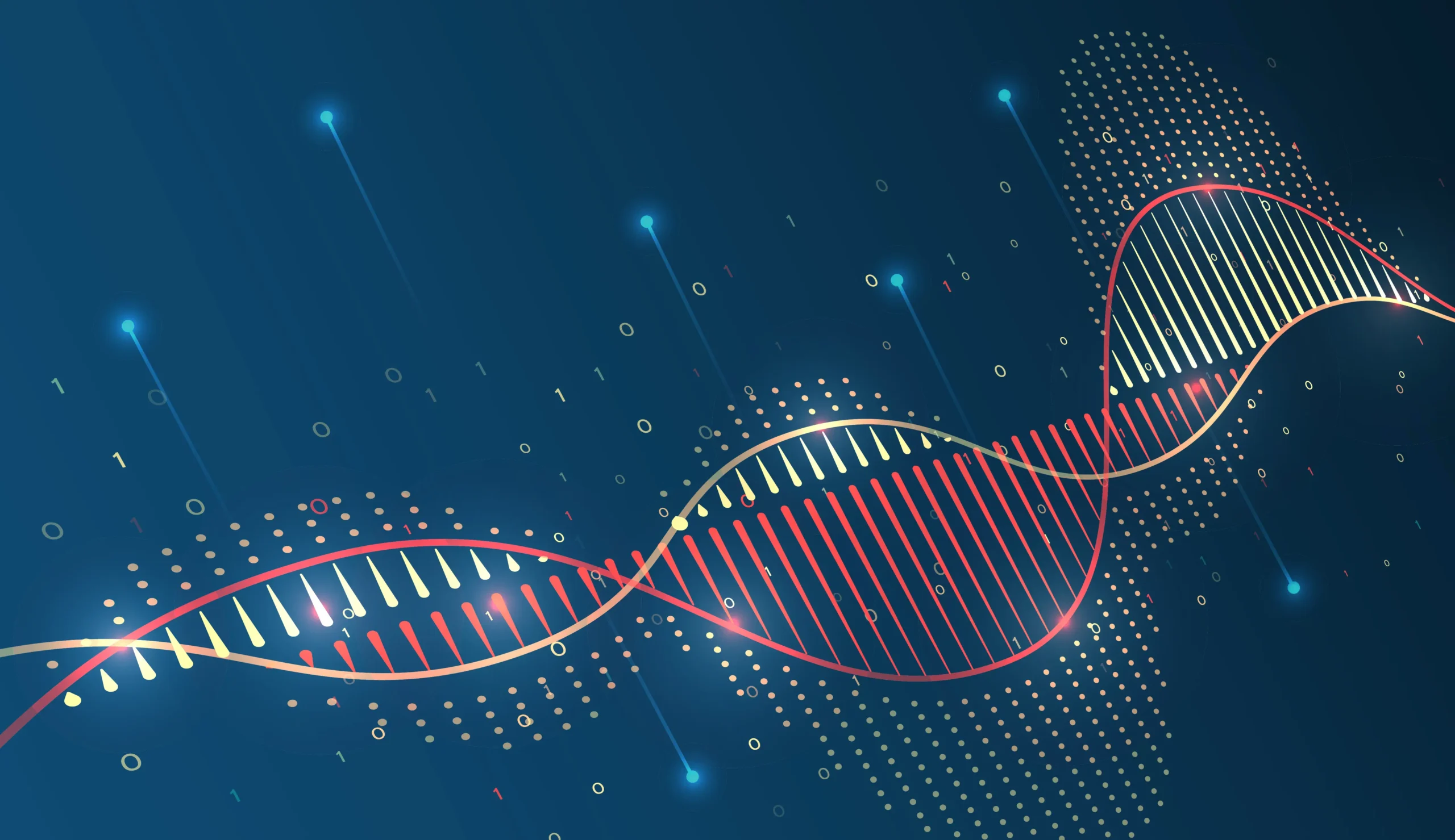 A digital illustration of a DNA double helix structure made of glowing red and yellow lines on a dark blue background, surrounded by binary code digits and light particle effects, symbolizing genetic data or biotechnology.