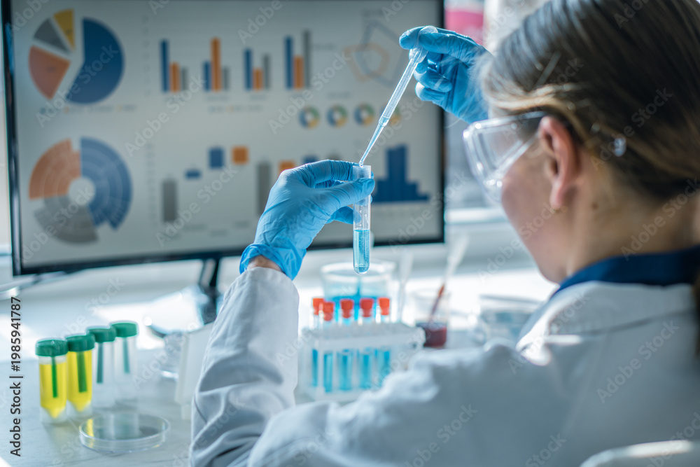 A consumer product testing lab technician performs allergen testing in an iso 17025 accredited laboratory