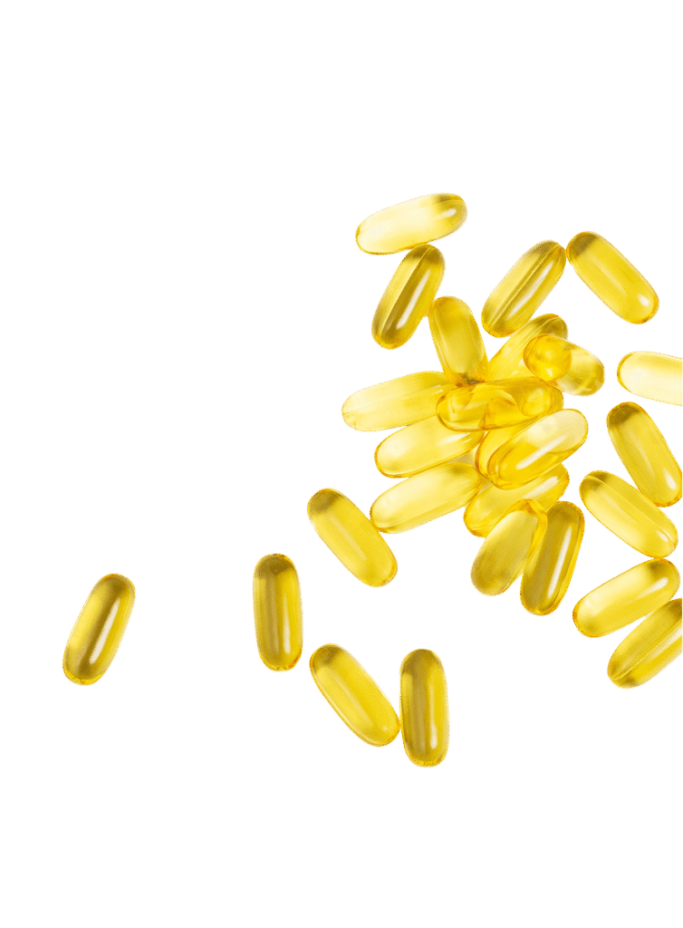 Golden omega-3 supplement capsules arranged on a white background.